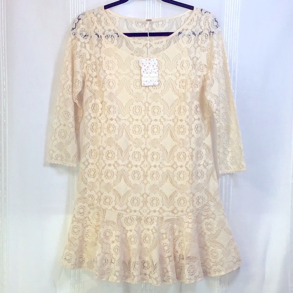 2pc Free People Cream All Over Lace 3/4 Sleeves with Rayon Lingerie Slip - Picture 10 of 10